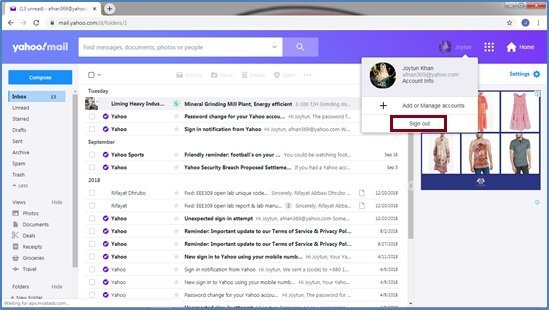 how to signout from yahoo mail in android